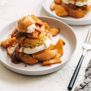 Pumpkin shortcakes on plates.