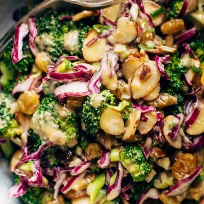 Clean Broccoli salad in a bowl with a fork.