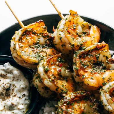 A picture of Chimichurri Shrimp with Rice and Tzatziki