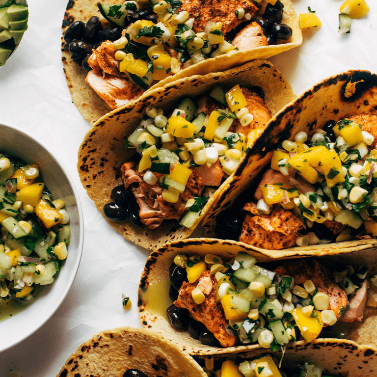 Salmon tacos with mango corn salsa.
