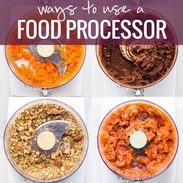 Foods in food processors in a collage.