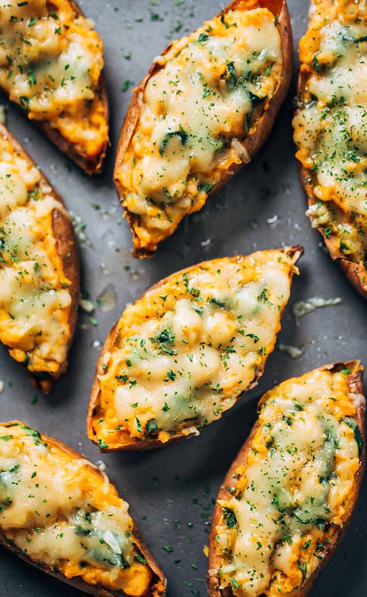 Sweet potato skins stuffed with mashed sweet potato, chickpeas, spinach, and Mozzarella cheese.