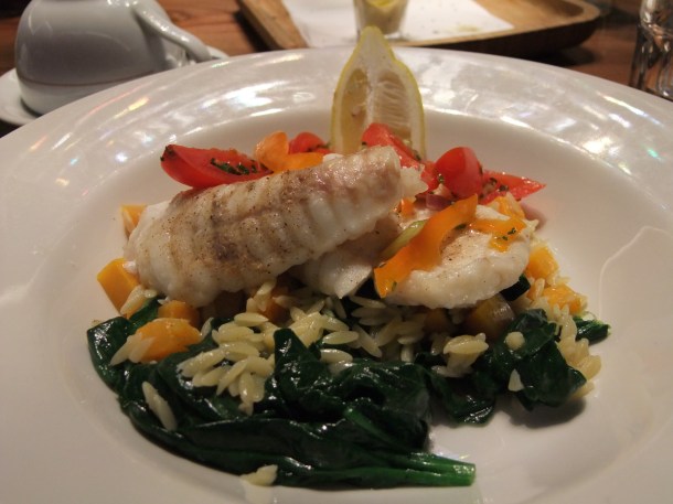 Monkfish with roast pumpkin, spinach and orzo at The Larder