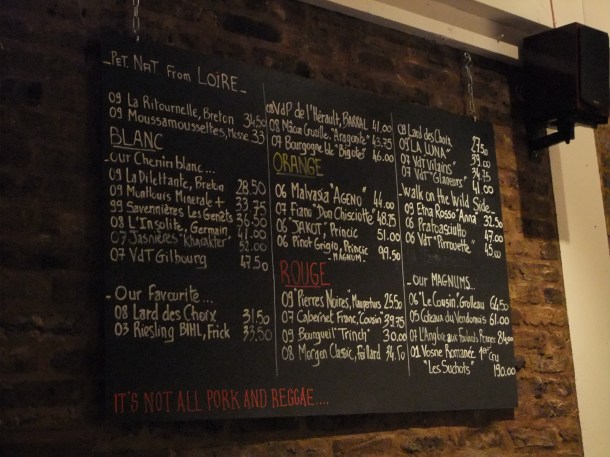 The wine blackboard downstairs at Terroirs