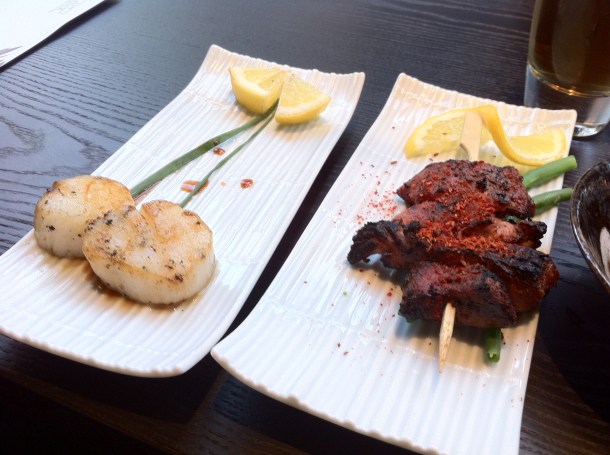 Scallop and beef tongue skewers at Kimchee High Holborn