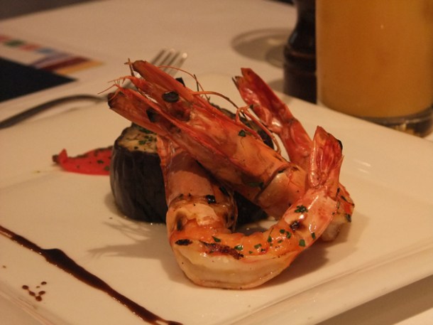 grilled king prawns with aubergine at Babbo London grilled king prawns with aubergine at babbo london