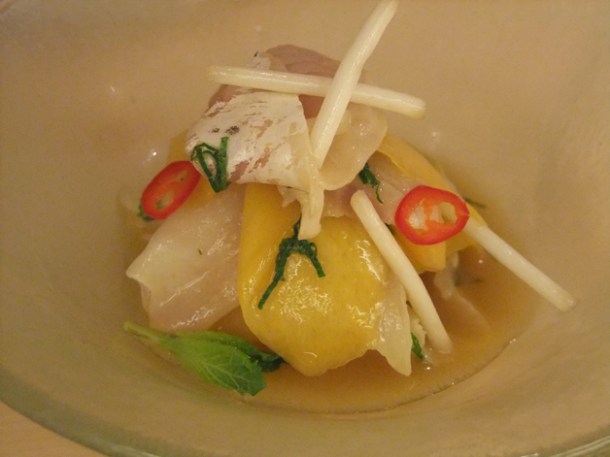 sea bass, mint, chilli and mango ceviche at Senkai Regent Street sea bass, mint, chilli and mango ceviche at senkai regent street