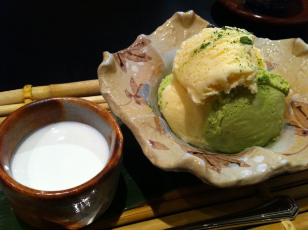 green tea ice cream and coffee jelly in coconut milk at Hakubai green tea ice cream and coffee jelly in coconut milk at hakubai