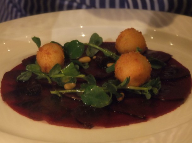 sliced beetroot and breaded goats cheese at The Notting Hill Brasserie sliced beetroot and breaded goats cheese at the notting hill brasserie