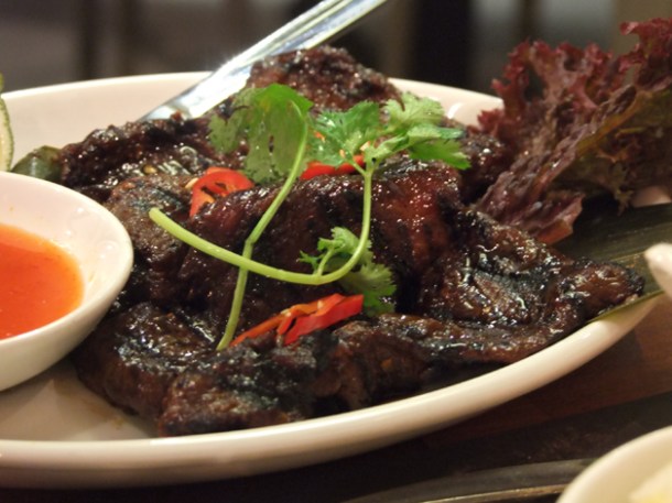 chargrilled blackened chilli pork at Banana Tree Indochina Kitchen Soho chargrilled blackened chilli pork at banana tree indochina kitchen wardour street