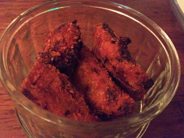 deep fried pickled shittake mushrooms at Pittcue Soho deep fried pickled shittake mushrooms at pitt cue soho