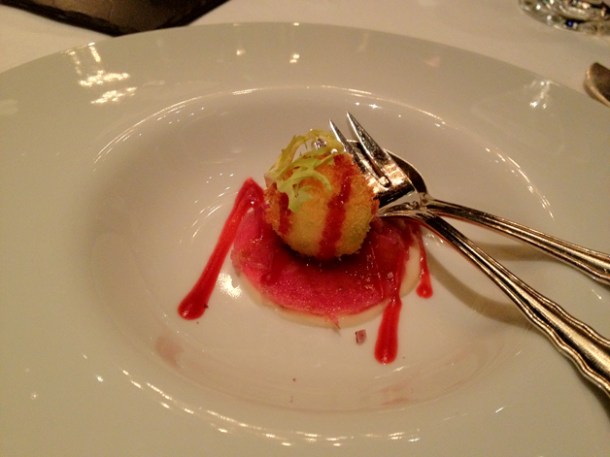 breaded goats cheese, beef carpaccio and celery purée amuse bouche at Anna Sacher breaded goats cheese, beef carpaccio and celery purée amuse bouche at anna sacher