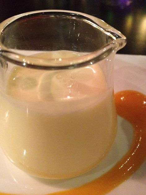 ginger custard accompanying the bread and butter pudding at Carom ginger custard accompanying the bread and butter pudding at carom