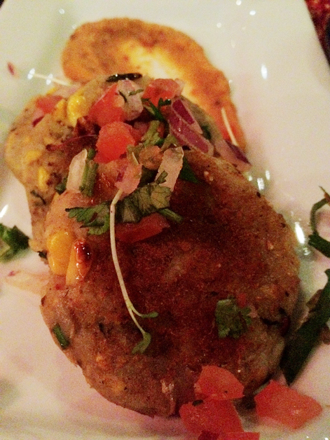 potato and corn cakes at Carom potato and corn cakes at carom