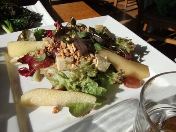 spiced cashew, smoked tofu, pear and grape salad at food for friends