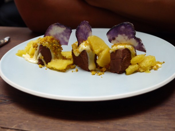 cacao porcelana with mango granita and blue potato crystals at Lima London cacao porcelana with mango granita and blue potato crystals at lima fitzrovia