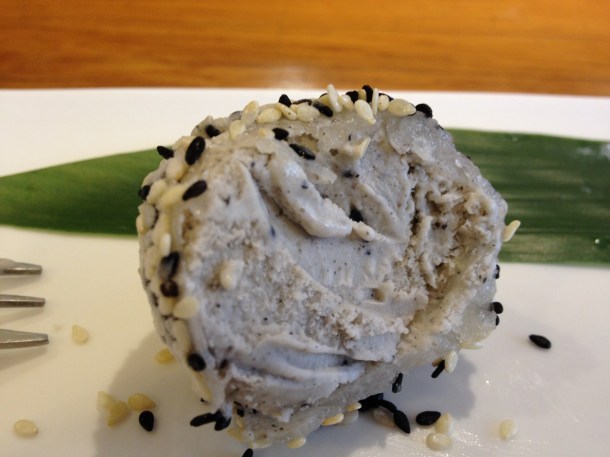 interior of black sesame ice cream mochi at Toku interior of black sesame ice cream mochi at toku