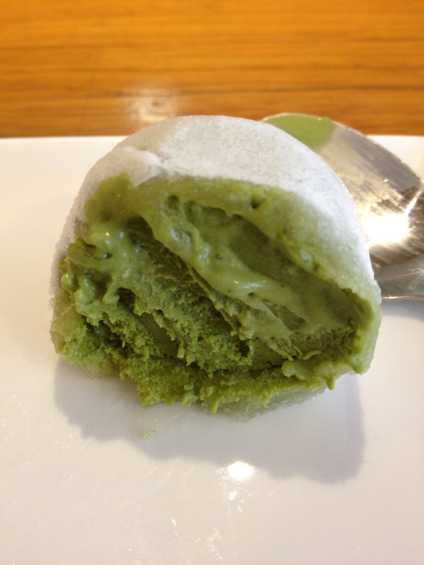 interior of green tea ice cream mochi at Toku inside green tea ice cream mochi at toku