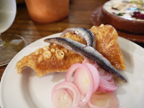 anchovies and pork scratchings at Copita anchovies and pork scratchings at copita