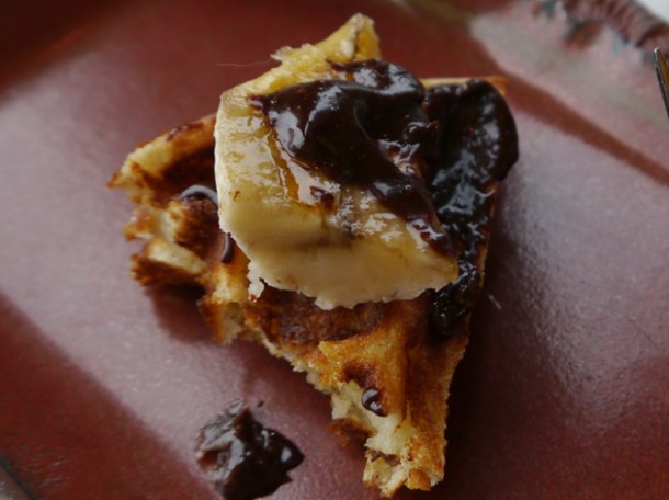 banana and nutella belgian waffle close up from duck and waffle