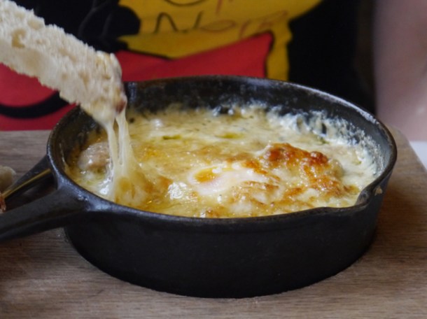 duck egg en cocotte at duck and waffle