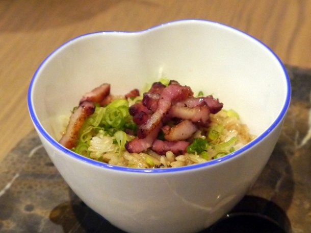 bacon, egg, bacon fat, truffle oil and rice topped with spring onions at bo london