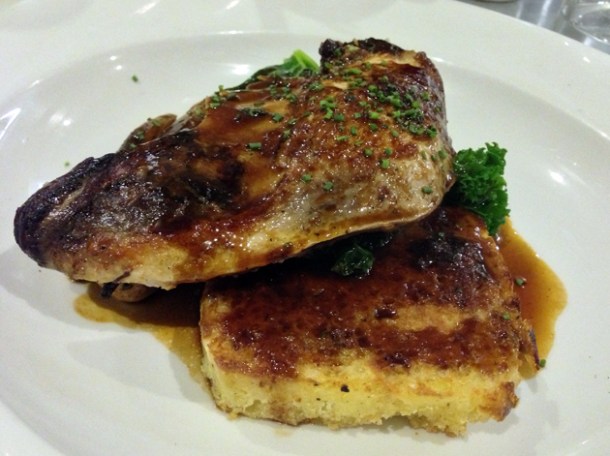 pheasant, garlic bread pudding, kale & shallots at 10 greek street
