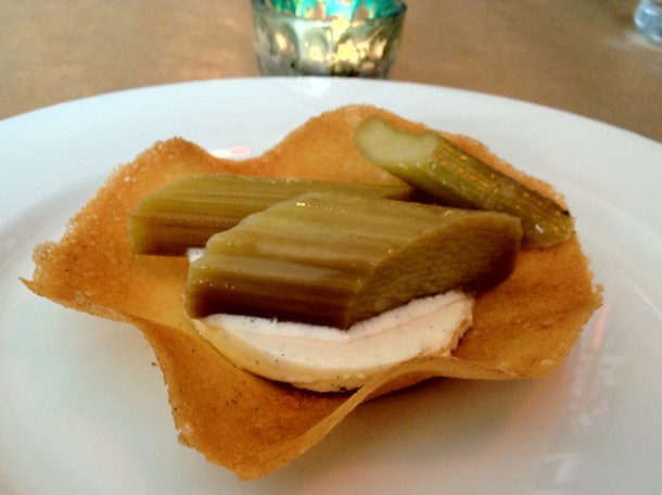 poached rhubarb with ginger biscuit and frozen custard at season