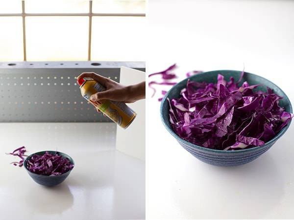 Nonstick cooking spray on food.