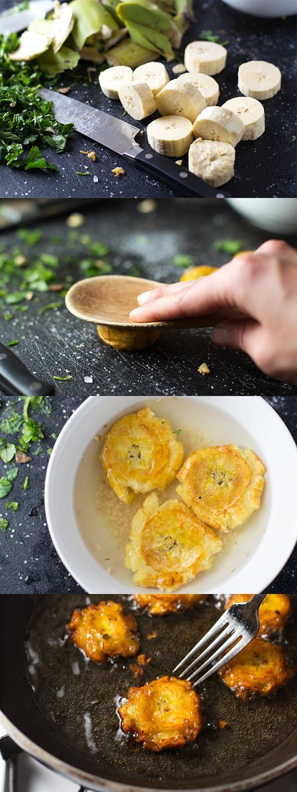 Process of garlic tostones frying.
