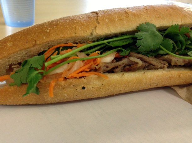 spiced pork baguette at banh mi bay