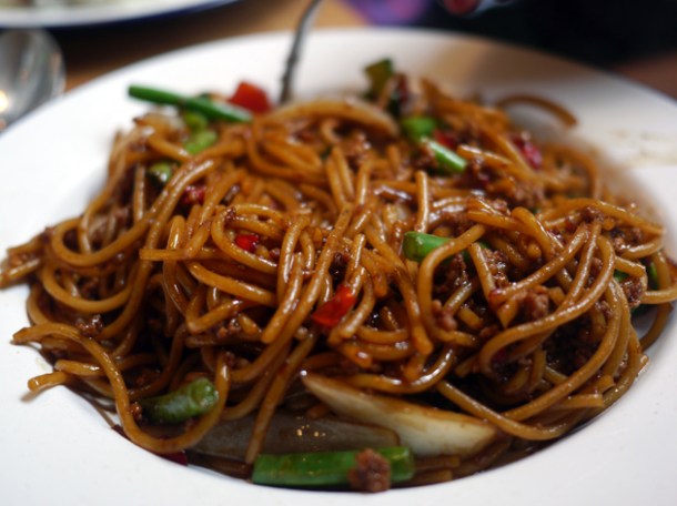 stir fried spaghetti pork at rosa's cafe carnaby street