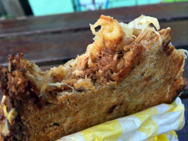 pulled pork and mac and cheese sandwich from grill my cheese