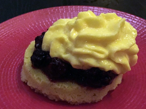 olive oil cake with blackberry jam and custad mousse at tredwells