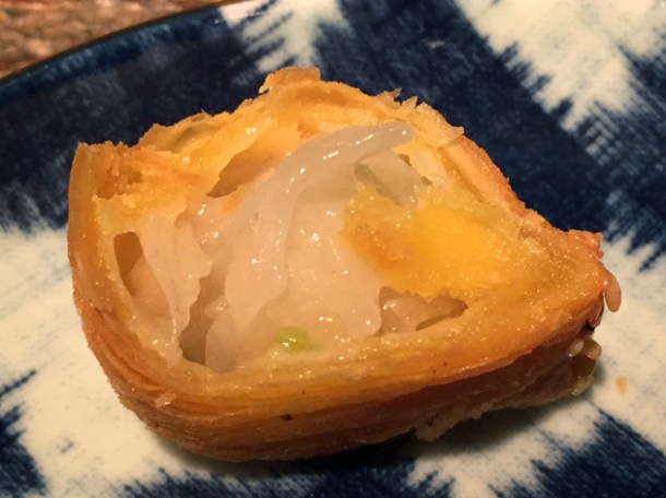 sliced mooli puff at the duck and rice