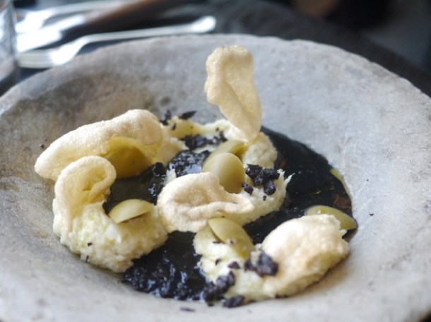 cod brandade with squid ink, olives and shellfish crisp at paradise garage