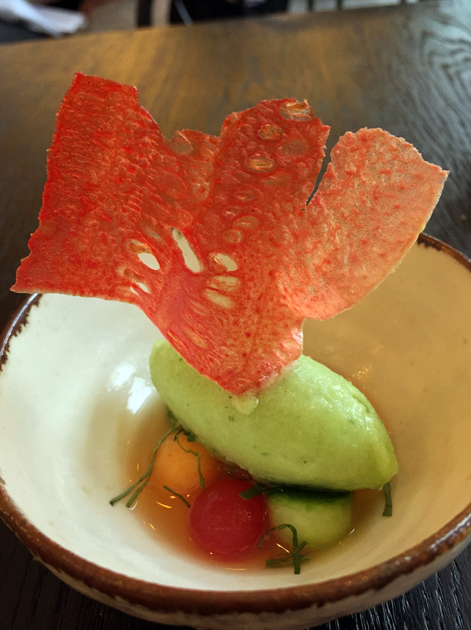cucumber sorbet with melon and basil at paradise garage