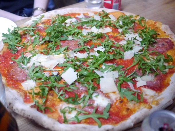 salami, parmesan and rocket pizza at homeslice fitzrovia