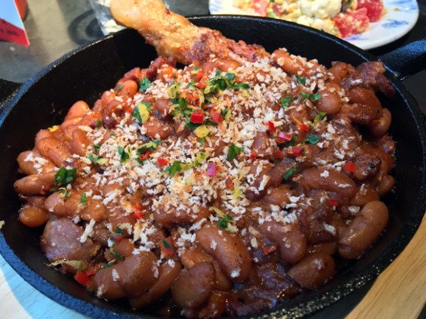 beans, smoked toulouse sausage and confit duck leg at bukowski grill soho