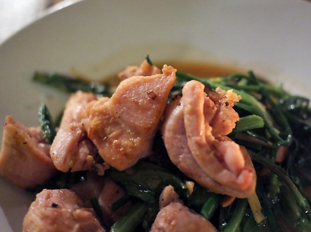stir fried chicken with chrysanthemum leaves at som saa spitalfields