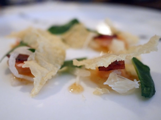 herring and squid skin amuse bouche at a wong