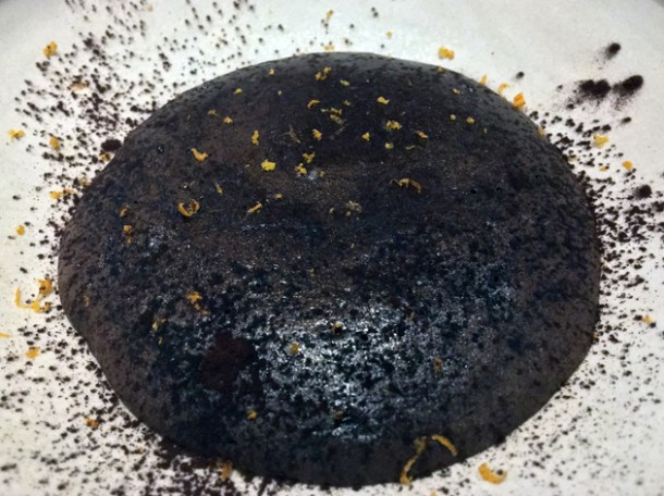 baked chocolate mousse with nut kernel cream at luca