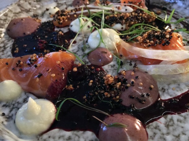 salmon and blackberry crudo at magpie