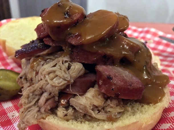 pulled pork and link sausage hogfather at miss p's barbecue croydon