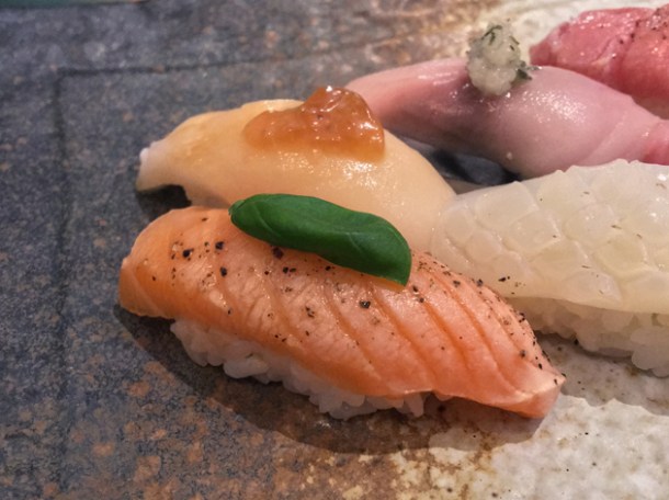 salmon nigiri at sushi atelier