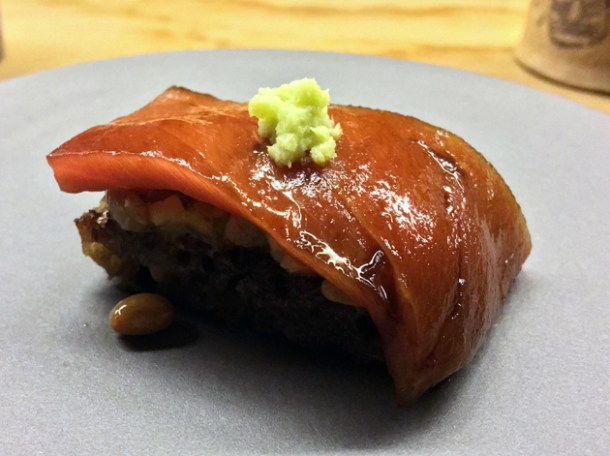 aged tuna belly and natto on sourdough at mãos
