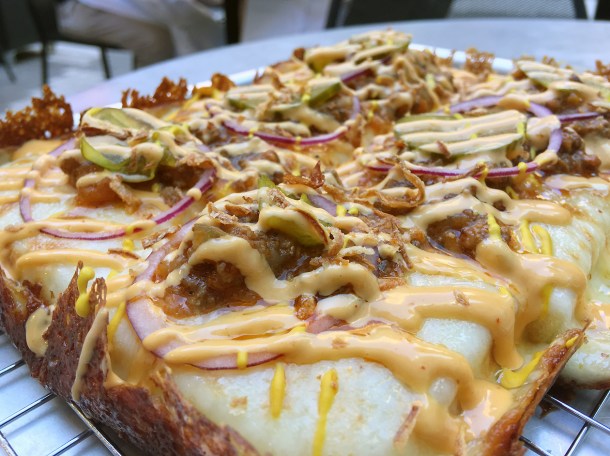 cheeseburger detroit-style pizza at temper covent garden