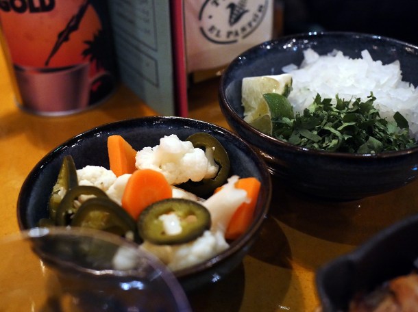 pickles, onion and coriander at casa pastor