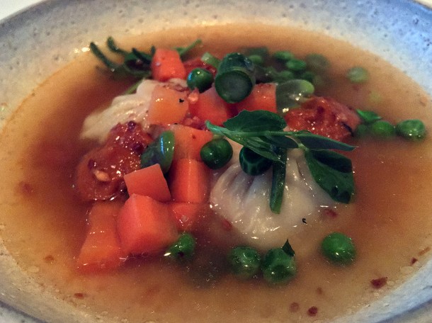 illustrative photo of the chicken momos in vegetable soup from the tasting menu at Kanishka