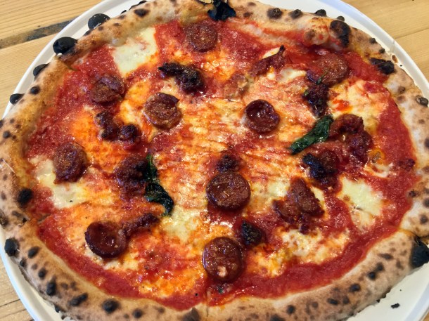 illustrative photo of the chorizo and sobrassada pizza from Baz and Fred at Flat Iron Square Southwark